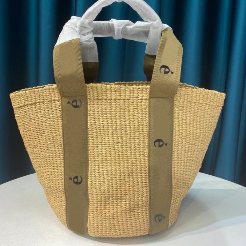 Fashion 2021 New Women's Straw Weave Webbing Letter Printing Splices Basket Bags Female Top Handle Shoulder Bucket Bag Purses