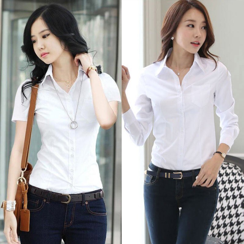 Women's Formal Blouse Office Long Sleeve Slim Collar Blouse Casual Solid White or Black Shirt Tops NS