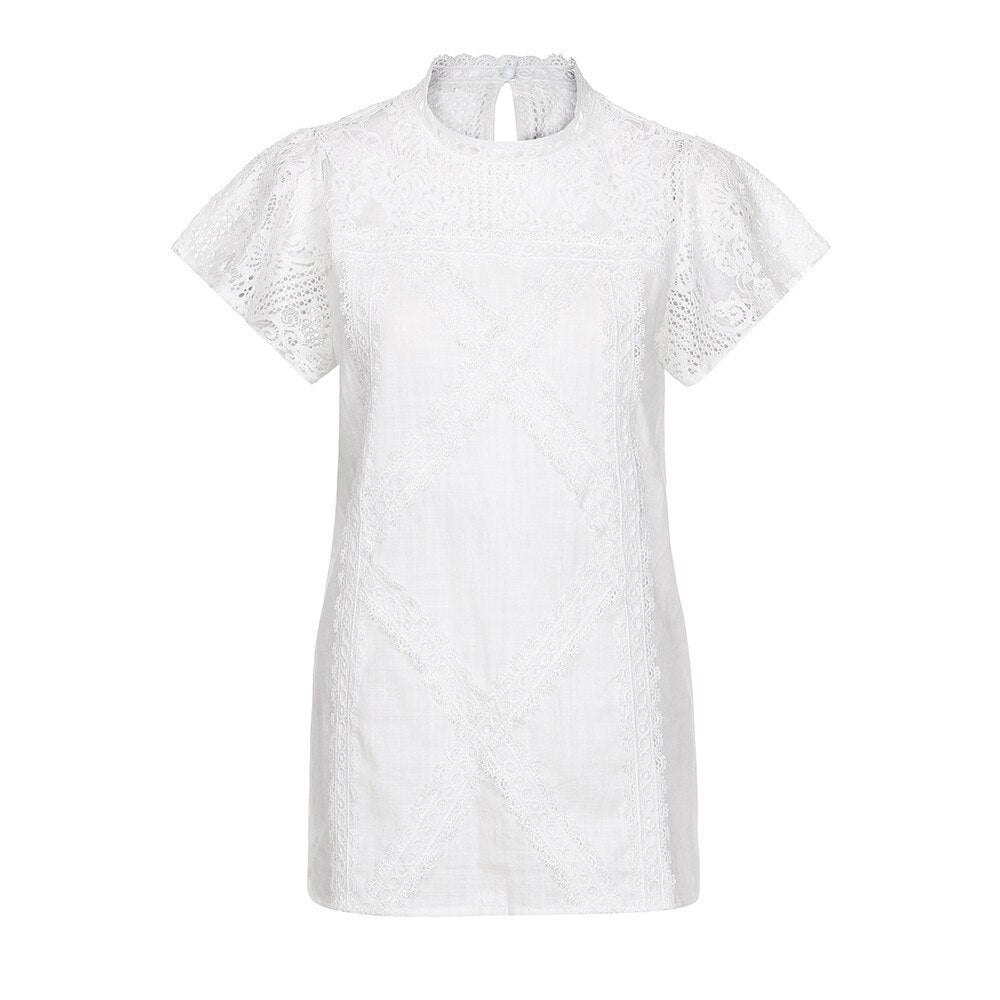 Fashion Women's Blouse Lace Patchwork Flare Ruffles Short Sleeve Cute Floral Womens Tops And Blouses blusas mujer de moda 2020