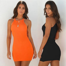 將圖片載入圖庫檢視器 Fashion Women's Sexy Summer Sleeveless Sleeveless Halter Slim Mini Short Knitted Sundress Girl Summer Dress Solid Halter Dress