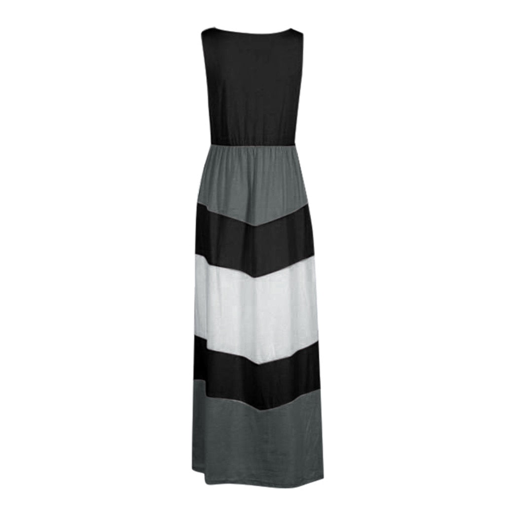 Feitong Women's Sleeveless Striped Dress Stitching Casual Color Block High Waist Maxi Long Dress Robe Femme