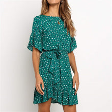 將圖片載入圖庫檢視器 Floral Print Summer Dress Women Boho Ruffles Beach Dress O Neck Short Sleeve Mini Dress Ladies Sundresses Robe Femme