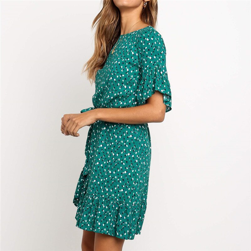 Floral Print Summer Dress Women Boho Ruffles Beach Dress O Neck Short Sleeve Mini Dress Ladies Sundresses Robe Femme