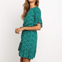將圖片載入圖庫檢視器 Floral Print Summer Dress Women Boho Ruffles Beach Dress O Neck Short Sleeve Mini Dress Ladies Sundresses Robe Femme