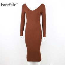 Charger l'image dans la galerie, Forefair Knitted Midi Dress Women Autumn 2019 V Neck Basic Slim Ribbed Long Sleeve Bodycon Solid Black White Sexy Winter Dress