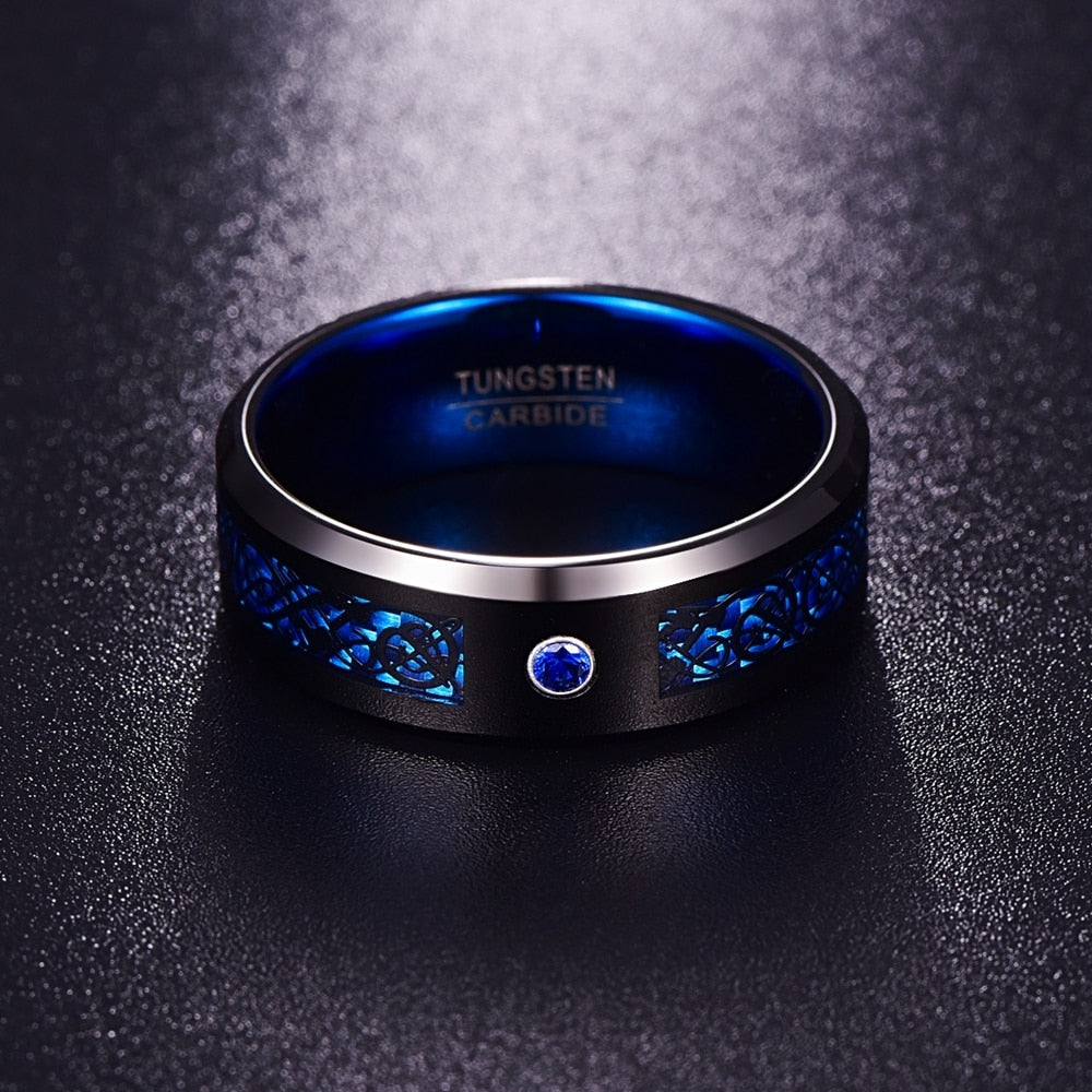 Men's Carbon Fiber Scrub Blue Zircon Men Rings 100% Tungsten Carbide Anillos para hombres Black Dragon