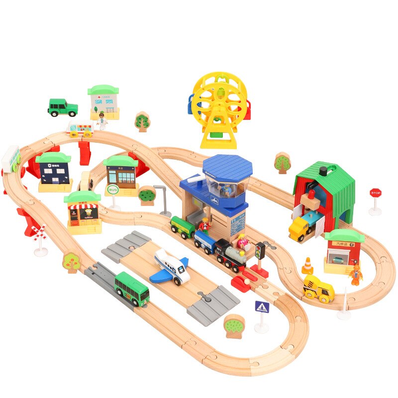 Wooden Railway Table Hospital Bus Airport Station Orbit Game Table Set Toys Children Educational Train Korean Track Toys