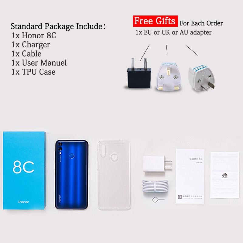 Global Rom HONOR 8C Mobile phone 6.26 inch Snapdragon 632 Octa Core 4GB 64GB Android 8.1 4000mAh Face ID