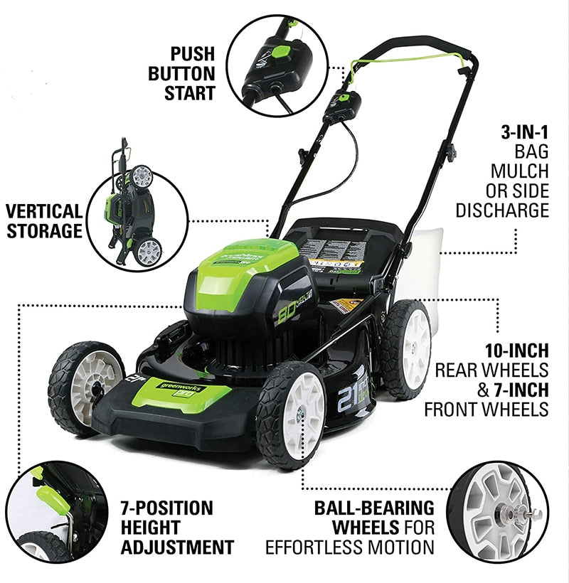 Greenworks 80V Cordless Brushless Lawn Mower steel deck 21inch 3-in-1 Mulch, Collect bag, and side discharge with 5.0ah battery