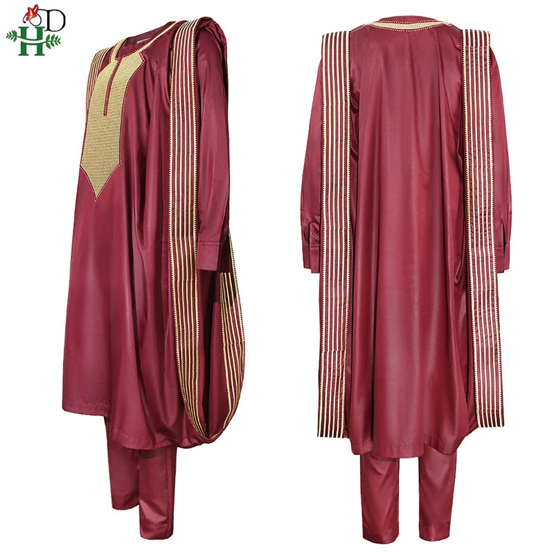 H&D African Agbada Suit For Men Embroidered Robes Dashiki Cover Shirt Pants 3 PCS Set Boubou Africain Homme Musulman Ensembles
