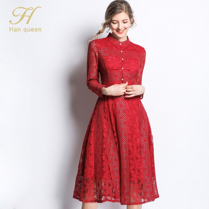 H Han Queen New Arrival 2019 Spring Lace Dress Fashion Vintage Floral Hollow Out Luxury Elegant Slim Women Evening Party Dresses