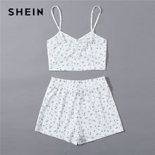 Load image into Gallery viewer, SHEIN White Ruched Knot Front Ditsy Floral Crop Cami Top and Shorts PJ Set Women Summer Rib-Knit Sleepwear Casual Pajama Sets