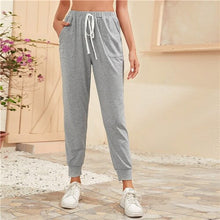 Load image into Gallery viewer, SHEIN Light Grey Knot Waist Slant Pocket Pants Women Summer Elastic Waist Ladies Casual Sporting Cropped Trousers Sweatpants