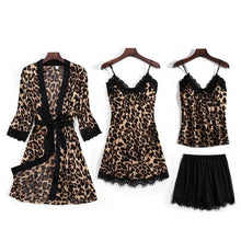 Cargar imagen en el visor de la galería, JULY'S SONG New Fashion 4 Piece Pajamas Set Leopard Print Woman Sleepwear Artificial Silk Sling Robe With Chest Pad Sleepwear
