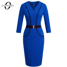 將圖片載入圖庫檢視器 Women Elegant Patchwork Belted Work Bodycon V Neck Contrast Fashion Office Lady Dress EB414