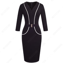 將圖片載入圖庫檢視器 Women Elegant Patchwork Belted Work Bodycon V Neck Contrast Fashion Office Lady Dress EB414