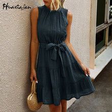 Charger l'image dans la galerie, Huaxiafan women dresses dress white solid dresses Elegant sleeveless bow belt ruffle neck summer holiday mini dress Vestidos