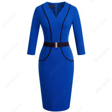 將圖片載入圖庫檢視器 Women Elegant Patchwork Belted Work Bodycon V Neck Contrast Fashion Office Lady Dress EB414