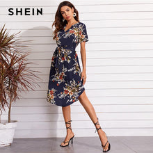 Load image into Gallery viewer, SHEIN Navy Blue Notch Neck Curved Hem Belted Floral Tunic Dress Women Summer Short Sleeve Bohemian Straight Midi Dresses