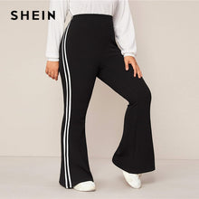 将图片加载到图库查看器,SHEIN Plus Size Black Striped Side Flare Leg Joggers Women Spring Autumn Pants High Waist Sporting Long Trousers