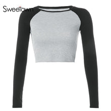 Charger l'image dans la galerie, Sweetown 2020 Autumn Contrast Color Basic Crop Top Shirt Long Sleeve Streetwear Women Casual Slim Cute Kawaii T-Shirt Harajuku