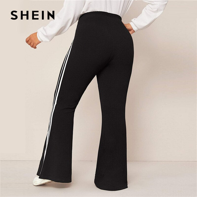 SHEIN Plus Size Black Striped Side Flare Leg Joggers Women Spring Autumn Pants High Waist Sporting Long Trousers
