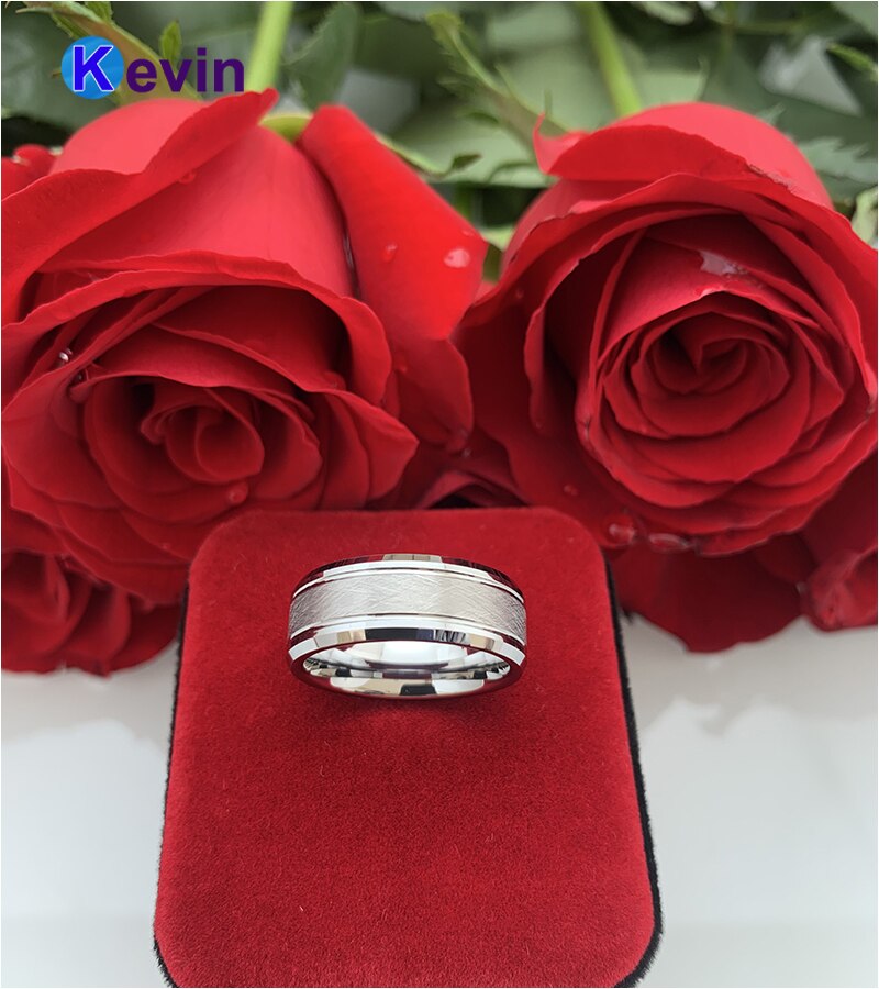Men Women Tungsten Wedding Band Ring With Bevel Brush Groove Finish 8MM Comfort Fit