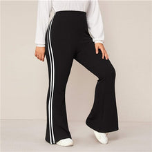 将图片加载到图库查看器,SHEIN Plus Size Black Striped Side Flare Leg Joggers Women Spring Autumn Pants High Waist Sporting Long Trousers