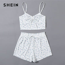 Load image into Gallery viewer, SHEIN White Ruched Knot Front Ditsy Floral Crop Cami Top and Shorts PJ Set Women Summer Rib-Knit Sleepwear Casual Pajama Sets