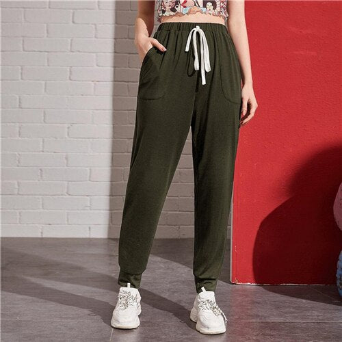 SHEIN Light Grey Knot Waist Slant Pocket Pants Women Summer Elastic Waist Ladies Casual Sporting Cropped Trousers Sweatpants
