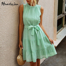 Charger l'image dans la galerie, Huaxiafan women dresses dress white solid dresses Elegant sleeveless bow belt ruffle neck summer holiday mini dress Vestidos