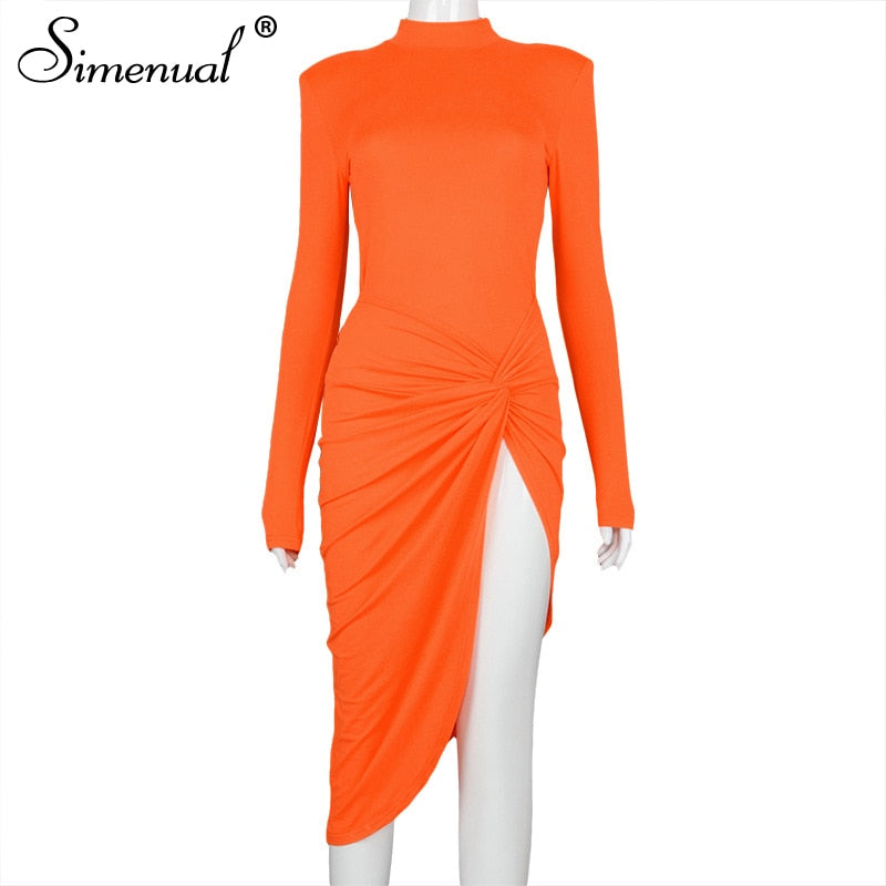 Simenual Wrap Side Split Bodycon Midi Dresses Long Sleeve for Women Fall 2020 Clothing Solid Night Partywear Skinny Dress Autumn