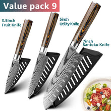 Load image into Gallery viewer, Kitchen knife Japanese Chef Knives 7CR17 440C Stainless Steel Imitation Damascus Knife Meat Cleaver Slicer Santoku Cutter Set