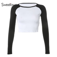 Charger l'image dans la galerie, Sweetown 2020 Autumn Contrast Color Basic Crop Top Shirt Long Sleeve Streetwear Women Casual Slim Cute Kawaii T-Shirt Harajuku