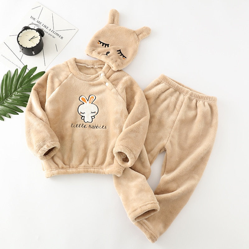 Kids Flannel Pajamas Sets Children Toddler Boys Girls PJS Thick Warm Top and Pants with Hat Fall Autumn Winter Sleepwear