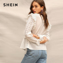 将图片加载到图库查看器,SHEIN White Ruffle Trim Embroidered Eyelet Top Flounce Sleeve Lace Blouse Women Spring Solid Scallop Front Boho Elegant Blouses
