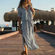 將圖片載入圖庫檢視器 Aachoae Turn Down Collar Office Ladies Stripe Shirt Dress Long Boho Beach Dress Casual Long Sleeve Elegant Party Dress Vestidos
