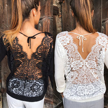 將圖片載入圖庫檢視器 Backless Lace Sheer Long Sleeve Embroidery Floral Lace Crochet Tee Shirt Tops Women's Blouse
