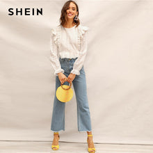 将图片加载到图库查看器,SHEIN White Ruffle Trim Embroidered Eyelet Top Flounce Sleeve Lace Blouse Women Spring Solid Scallop Front Boho Elegant Blouses