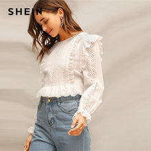 将图片加载到图库查看器,SHEIN White Ruffle Trim Embroidered Eyelet Top Flounce Sleeve Lace Blouse Women Spring Solid Scallop Front Boho Elegant Blouses