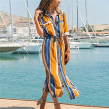 將圖片載入圖庫檢視器 Aachoae Turn Down Collar Office Ladies Stripe Shirt Dress Long Boho Beach Dress Casual Long Sleeve Elegant Party Dress Vestidos