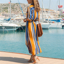 將圖片載入圖庫檢視器 Aachoae Turn Down Collar Office Ladies Stripe Shirt Dress Long Boho Beach Dress Casual Long Sleeve Elegant Party Dress Vestidos