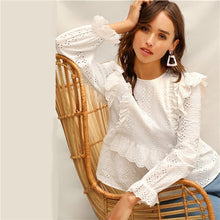 将图片加载到图库查看器,SHEIN White Ruffle Trim Embroidered Eyelet Top Flounce Sleeve Lace Blouse Women Spring Solid Scallop Front Boho Elegant Blouses