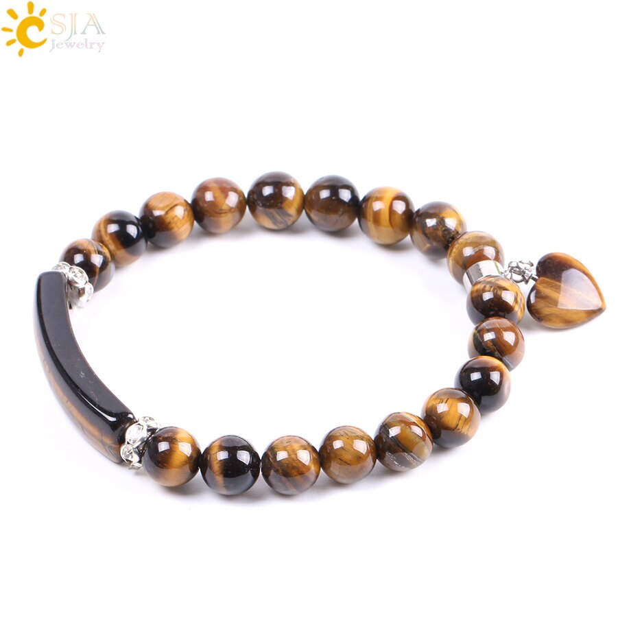 CSJA Natural Stone Beads Tiger Eye Men Strand Bracelets & Bangles Heart Shape Silver Color Fitting Women Jewelry Love Gifts F105