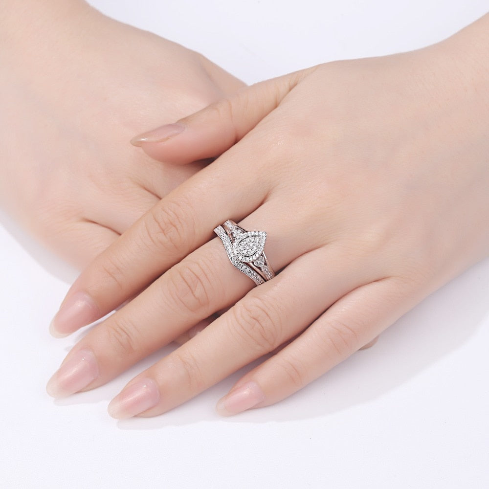 Newshe 925 Sterling Silver Wedding Rings For Women Pear & Heart Shape Round Cut AAA CZ Engagement Ring Bridal Set Trendy Jewelry