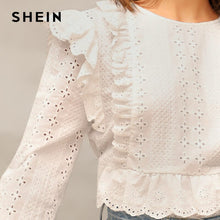 将图片加载到图库查看器,SHEIN White Ruffle Trim Embroidered Eyelet Top Flounce Sleeve Lace Blouse Women Spring Solid Scallop Front Boho Elegant Blouses
