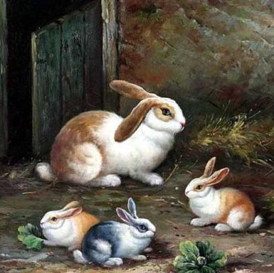 GOOD ART Lovely Rabbits Hare Bunny Eating Grass 100% Hand Painted Oil Painting on Canvas. Art