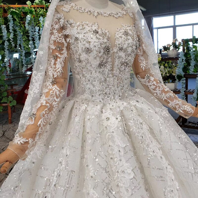 HTL954 Long Sleeve Wedding Dresses Illusion O-neck Beads Crystal Bridal Dresses Women Bride