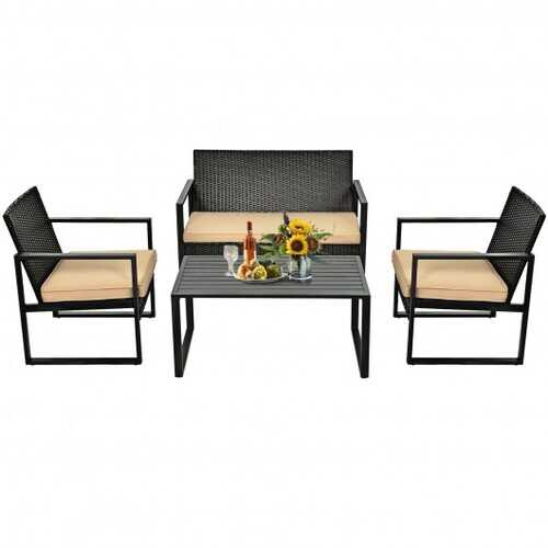 4 Pcs Patio Rattan Furniture Set Cushioned Sofa Coffee Table Garden Deck