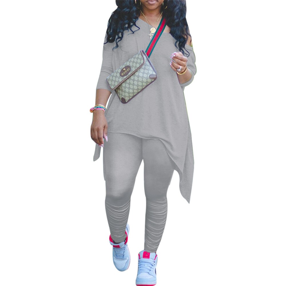 CM.YAYA Women Off Shoulder Irregular Long Sleeve Tops Stacked Pants Suit Active Wear Tracksuit Two Piece Set Fitness Outfits